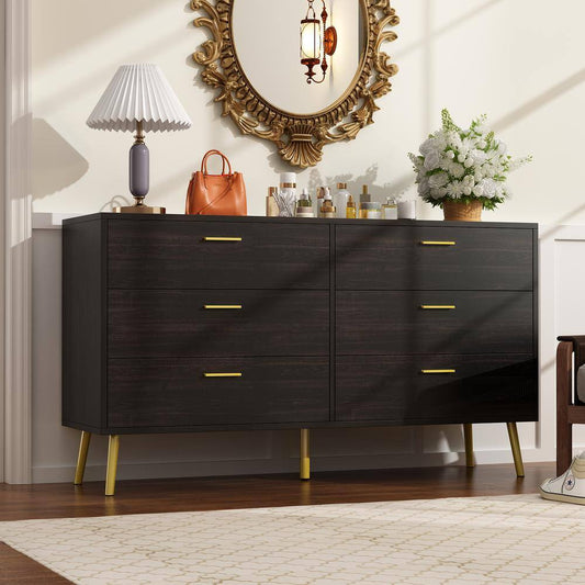 Black 6-Drawer Dresser with Metal Legs